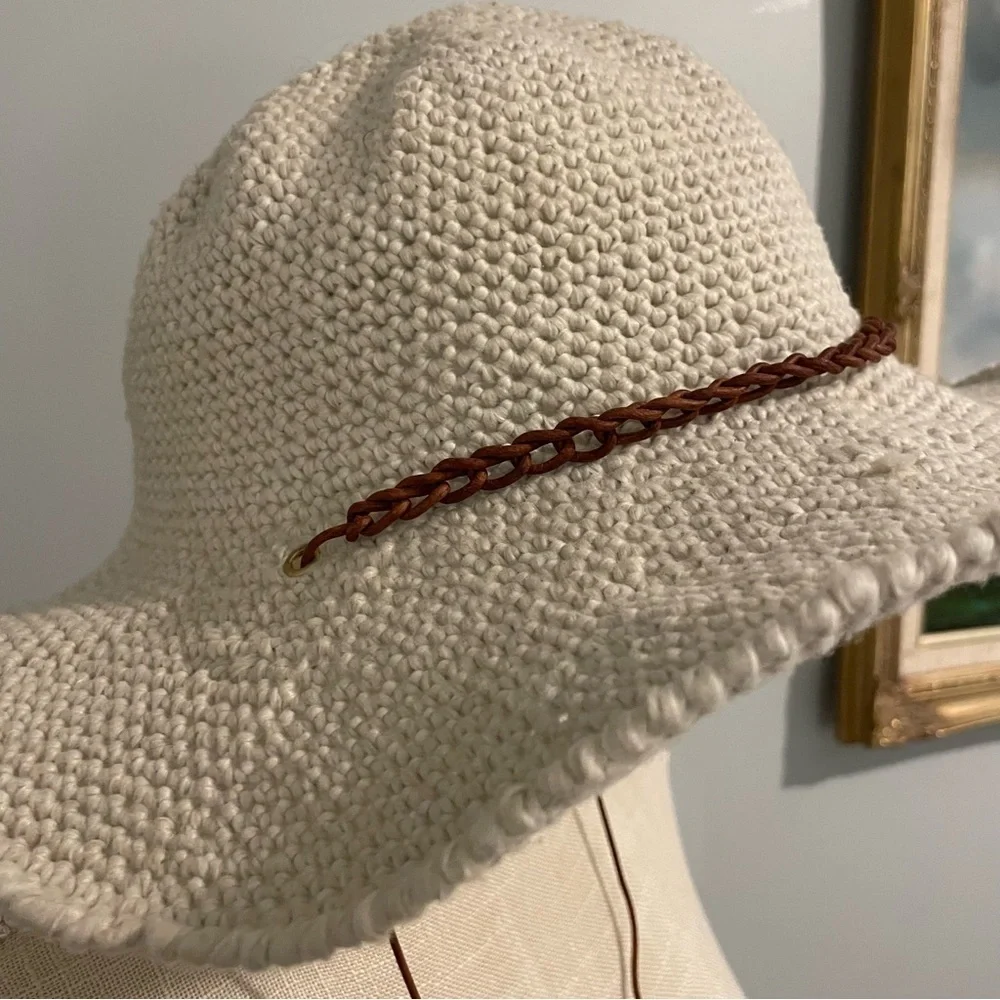Crocheted Rancher Ivory Hat with Leather Braid Tassel